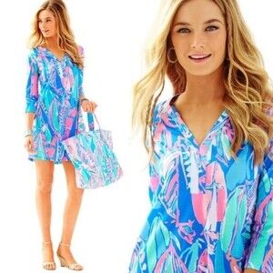 EUC Lilly Pulitzer Ali V neck t shirt dress Bay Blue out to sea Pima Sz XS